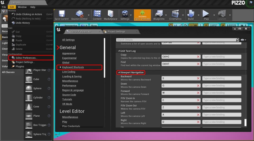 Come cambiare le impostazioni dei movimenti nella Viewport di Unreal Engine 4 tramite le preferenze dell'editor